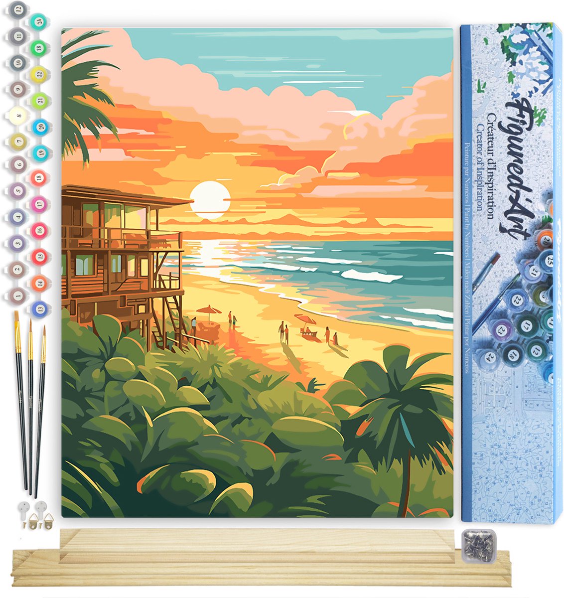 FiguredArt Schilderen op Nummer Volwassenen canvas Strandclub bij zonsondergang- Handwerk acrylverf Kit DIY Compleet - 40x50cm met DIY houten lijst
